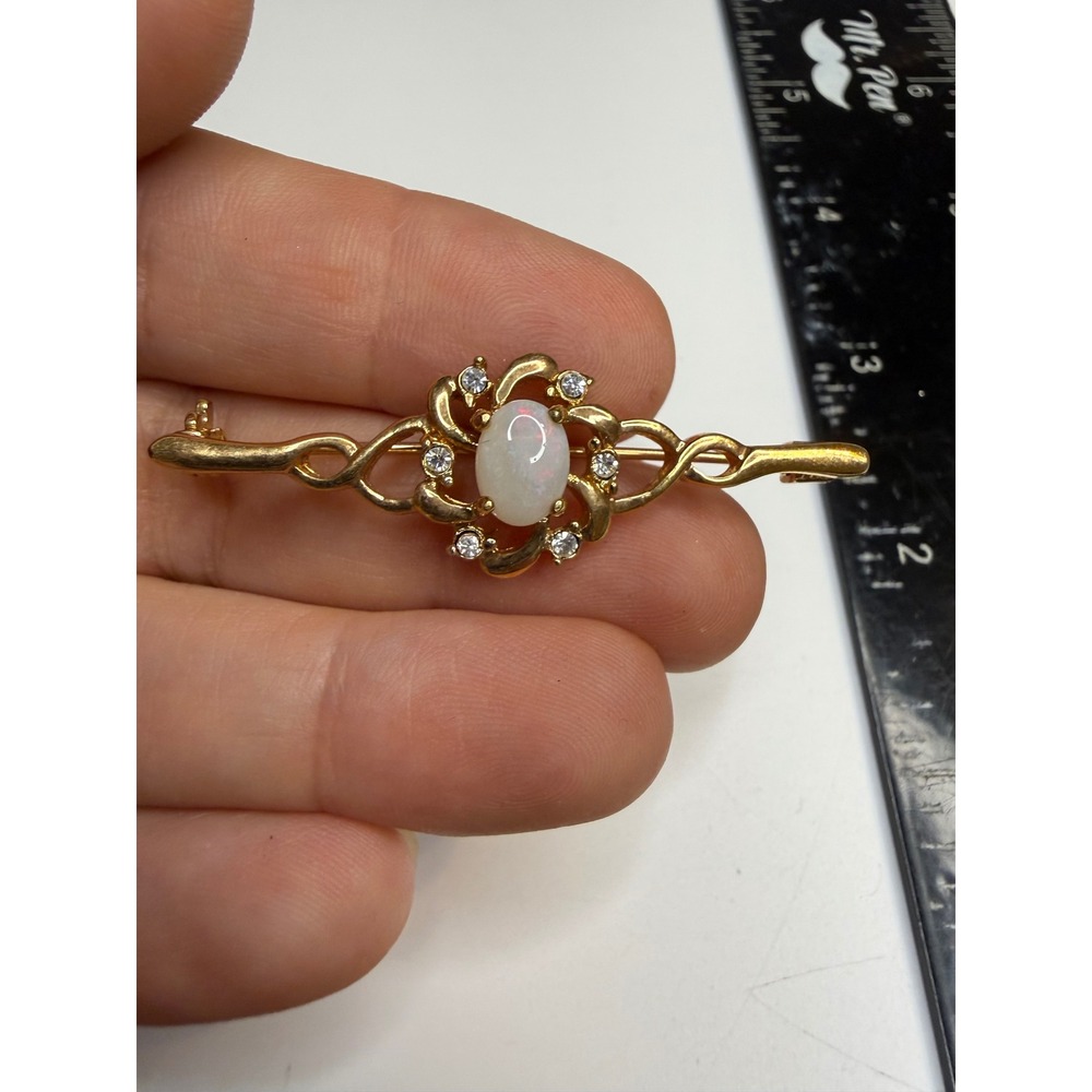 Gold Tone Faux Opal and Rhinestone Bar Brooch Pin Scroll Design 2 Inch